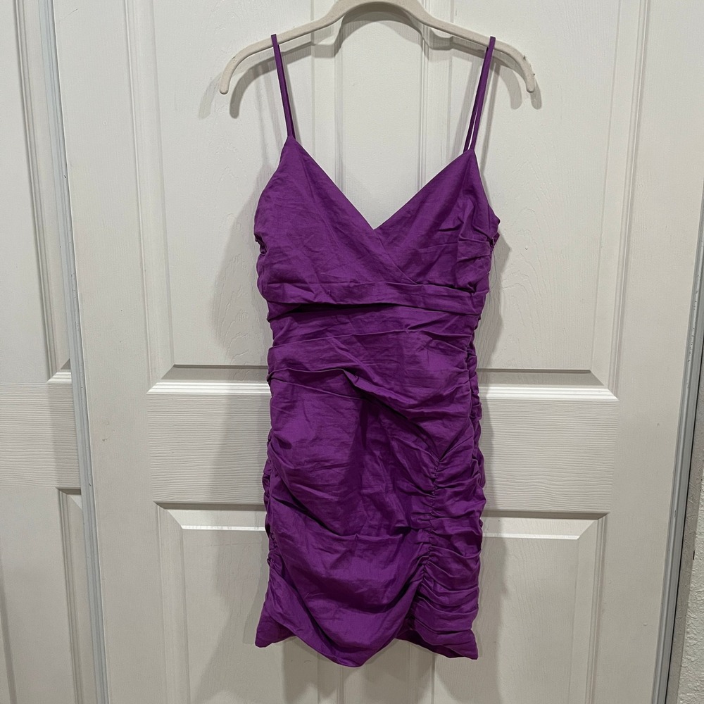 Zara Purple Mini Dress Sleeveless Ruched linenBodycon V-Neck Party Cocktailā